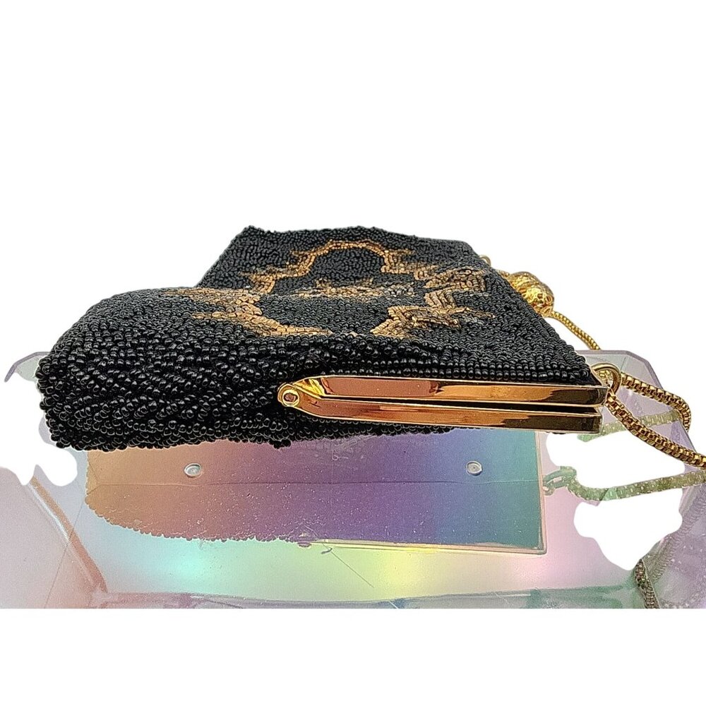 VTG Black & Gold Hand-Beaded Evening Bag Ornate Design & Chain Strap By Walborg - Picture 16 of 16